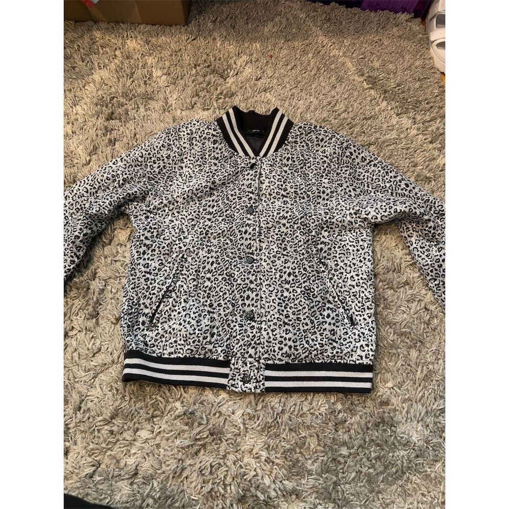 R13 Women's Leopard-Print Bomber Jacket Size L, Gray Black - Picture 3 of 10